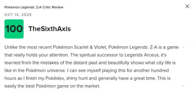 《宝可梦传说 Z-A》M站均分81：目前最出色的宝可梦游戏！