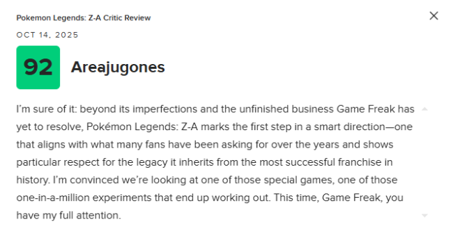 《宝可梦传说 Z-A》M站均分81：目前最出色的宝可梦游戏！