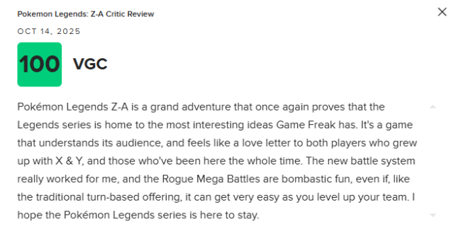 《宝可梦传说 Z-A》M站均分81：目前最出色的宝可梦游戏！