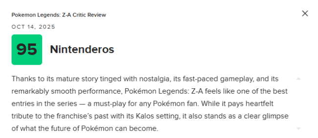 《宝可梦传说 Z-A》M站均分81：目前最出色的宝可梦游戏！